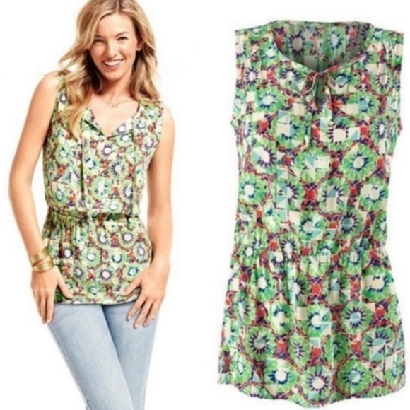 Nwt Cabi Kaleidoscope marble Green Sleeveless Blouse peplum top - Picture 1 of 5